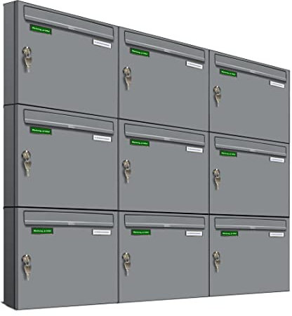 AL Briefkastensysteme Basic 9er Briefkasten RAL 9006 Weiß Aluminium Silber Edelstahl-farbig 9 Fach DIN A4 wetterfest Briefkastenanlage mit Posthaltebügel und 2 Namensschildern