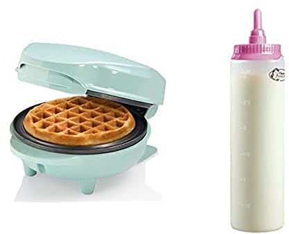 Bestron Mini-Waffeleisen, inkl. Teigportionierer für 700ml mit Skala, Ideal zum Befüllen des Waffeleisens, Farbe Gerät: Mint, Teigflasche: Weiß