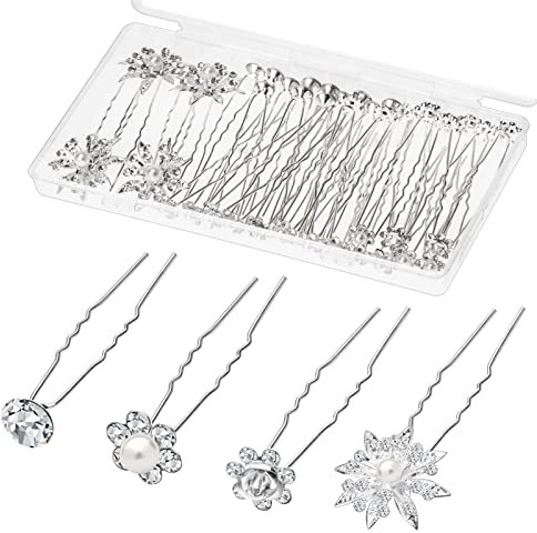 40 Stück Haarnadeln Hochzeit Blumen für Braut, Gingbiss Braut Haarschmuck in U-Form, Silber Strass Perlenhaarnadel für Bräute Brautjungfern Frauen Mädchen