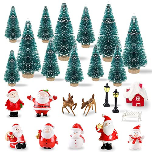 KKSJK 25 Piezas Decoracion Navideñas en Miniatura Decoración Navideña Mini Papa Noel/Muñeco de Nieve/Árbol de Navidad/Ciervo Decoracion de Mesa para Fiesta Navideña