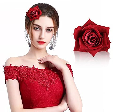 Vintage Rose Hair Pin, Clip, Fascinator - Artificial Large Red Rose Hair Clips Barrette for Women, Girls - Party, Beach, Wedding, Bridesmaid, Flower Girl Accessories
