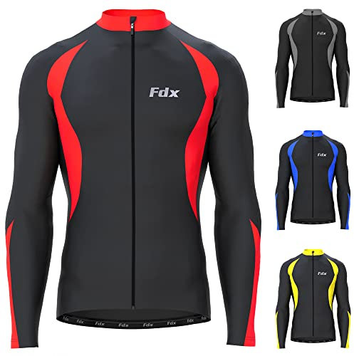 FDX Mens Cycling Jersey, Windproof Warm Winter Cycle Tops, Long Sleeves Water-Resistant Lightweight Thermal Bike Jacket, Windproof Bicycle Shirt for Riding, and Running(Red, M)