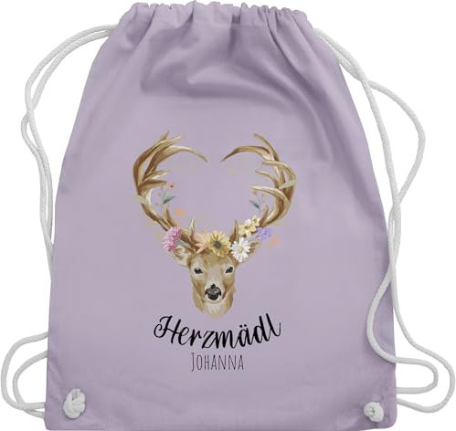 Turnbeutel Rucksack - Kompatibel Oktoberfest - Herzmädl Hirsch Geweih Hirschgeweih Madl - Unisize - Pastell Lila - herzmadl stofftasche trachten-tasche bayern bayerischer tracht umhängebeutel