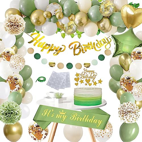 WLKQY Geburtstagsdeko Grün Gold - Deko für Frauen und Männer Mit Happy Birthday Banner, Latex Luftballons, Schärpe, Pompons - für Mädchen Junge 16 18 30 40 50 60 70 80 Party