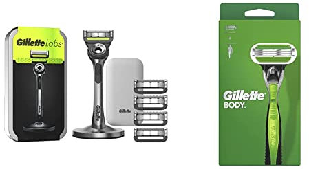 Gillette Labs Nassrasierer Herren, Rasierer mit Reinigungs-Element + Reise-Etui zur Aufbewahrung für unterwegs + 5 Rasierklingen & Body Rasierer Herren, Nassrasierer + 1 Rasierklinge mit 3-fach Klinge