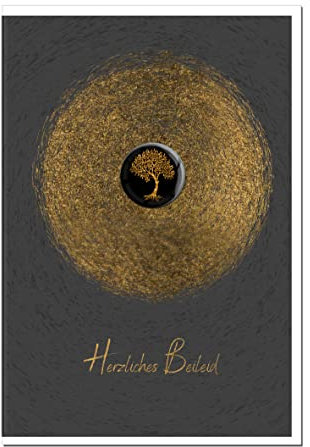 metALUm Hochwertige exklusive Trauerkarte Beileidskarte im Format B6 Doppelkarte Klappkarte ohne Innentext mit weißem Umschlag Motiv Lebensbaum und goldenem Schimmer