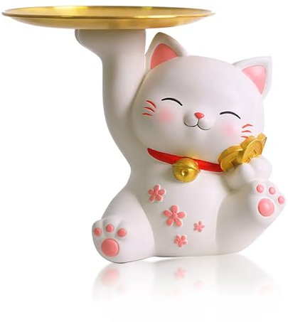 Bandeja de Madera para Llaves para Mesa de Entrada, Bandeja de Gato de la Fortuna de Resina de Decoración Moderna, Bandeja Catchall con Organizador Colgante de 3 Soportes(Fortune Cat Left)