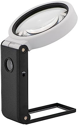 WEDO Loupe de Poche UV LED avec Pied Pliable avec Piles et câble USB, Grand Champ de Vision de 9 cm et grossissement 2,5X + lentille supplémentaire de 2,5 cm de diamètre, 10 Fois, Noir