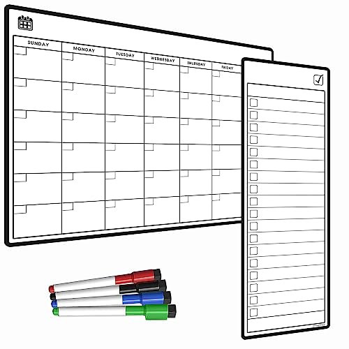 TMS Magnetisches Kühlschrankplaner-Set | Schlanke To-Do-Liste & A3-Monatskalender für Memos & Wochenplanung | Mahlzeitenplaner Bundle mit 4 trocken abwischbaren Stiften