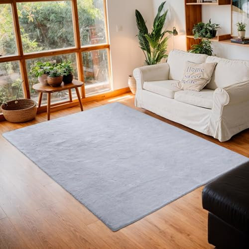 Neu 2024 Design DICKER KANINCHENPLÜSCH-TEPPICH: Rutschfest, Maschinenwaschbar & Superweich für Wohn- & Schlafzimmer,Extra-Dämpfung für Fußkomfort,Hautfreundlich & Geruchsneutral(120x160 cm, Hellgrau)