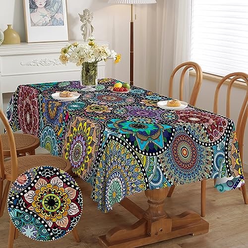Tischdecke Rechteckig Tischdecke Outdoor Draußen Boho Style Fleckschutz Pflegeleicht Abwaschbar Wetterfest für Garten Küche, Esstisch, Parteien 150x260 cm