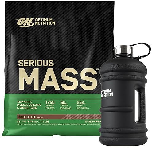 Optimum Nutrition Serious Mass Proteine in Polvere ad Alto Contenuto Calorico per Sviluppo Massa Muscolare con Vitamine Minerali Creatina Glutammina Gusto Cioccolato 16 Dosi 5,45Kg + BORRACCIA GRANDE