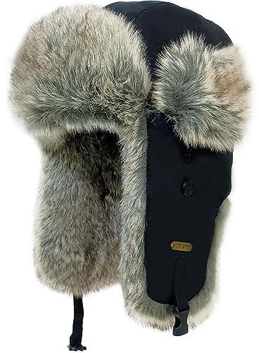 HEYANN Chapeau de Trappeur d'hiver en Fausse Fourrure pour Homme Russe oushanka et Femme avec Cache-Oreilles aviateur soviétique Chaud imperméable Coupe-Vent (Noir-Qingzilan S/M)