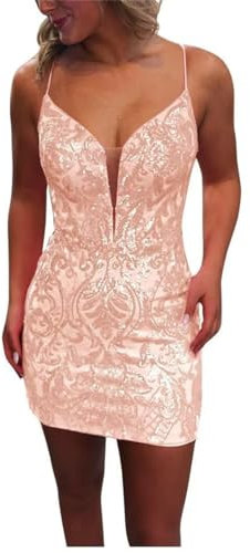WSEYU Sequin Lace Tight Homecoming Dresses Sparkly for Teens Spaghetti Straps V Neck Short Prom Dress Mini Cocktail Gown Rose Gold UK8