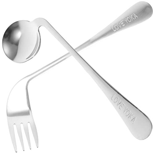 iplusmile Angled Fork and Spoon Set 2 Pieces Stainless Steel Feeding Utensils Lightweight Ergonomic Cutlery for Elderly and Bedridden Adults