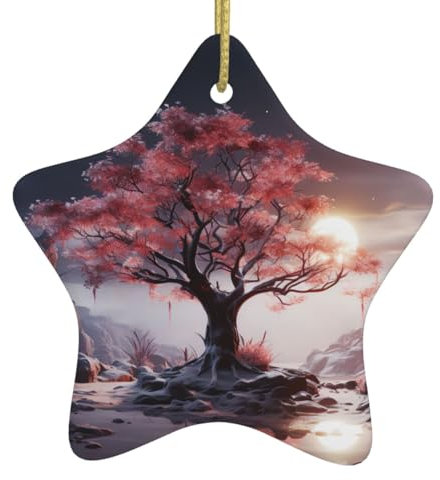 Weihnachtsbaum großer Baum wächst auf Steinhaufen Keramik hängende Sternform Ornamente mit Goldband personalisierte Weihnachtsschmuck für Weihnachtsbaum Urlaub Zuhause Wand Fenster