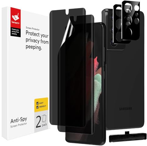 BERSEM 2+2 Pack Privacy Screen Protector for Samsung Galaxy S21 Ultra, 6.8 Inch with Camera Lens Protector, Anti-Spy Flexible TPU Film, Easy Installation