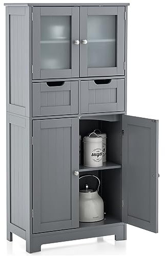 GOPLUS Badezimmerschrank mit Schubladen & Schränke, Badkommode mit verstellbaren Regalen, Aufbewahrungsschrank für Badezimmer, Küche & Wohnzimmer, 60 x 30 x 128 cm (Grau)