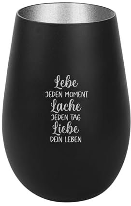 Der-Porzellan-Laden Windlicht mit Gravur Lebe jeden Moment Lache jeden Tag, Schwarz Silber, Teelichthalter aus Glas mit Spruch, Tischdeko modern