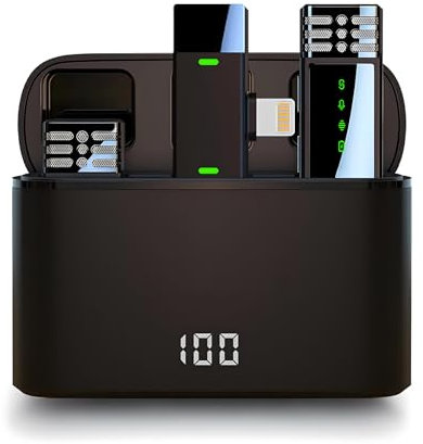 Lancoon Lavalier sans fil avec étui de chargement et microphone adapté pour iPhone iPad Clip sur revers micro réverbération pour interview enregistrement vidéo (éclairage)