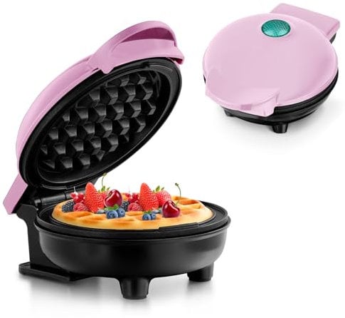 Mini Gaufrier pour Gaufres Classiques, Petit Gaufrier avec Antiadhésif Design Rétro pour Anniversaires, Fêtes de Famille, Rose