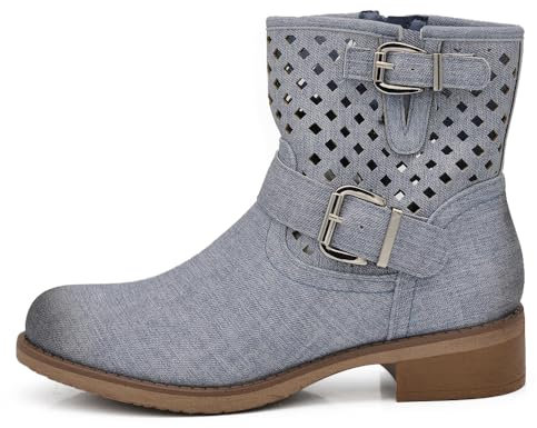 IF Fashion Stivali Stivaletti Biker Motociclista da Donna Traforato Con Fibbie Primaverili Estivi Pelle Sintetica Effetto Jeans GR-6656 LT-blu N.38