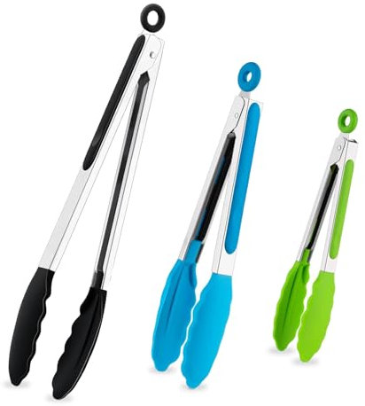 Atuoxing 3 Pcs Küchenzange Silikon, Silikonzange für Heißluftfritteuse, Zange Küche Hitzebeständige, Klein Grillzange Silikon aus Edelstahl, Tongs Kitchen mit Rutschfester Griff