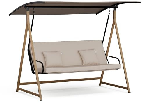 blumfeldt ZenGrove Hollywoodschaukel 3-Sitzer – Verstellbares Sonnendach, 240 kg Belastung, Wetterfester Stahlrahmen, Dicke Polster Für Komfort