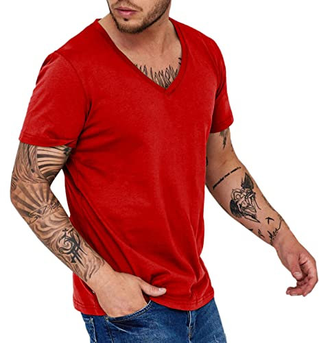 T Shirt Farbig Set Herren T-Shirt mit V-Ausschnitt, modisch, schnell trocknend, atmungsaktiv, schweißableitend, kurzärmlig So Und Co Uhr (Red, XXL)