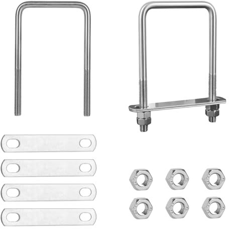 RANJIMA Lot de 2 vis à étrier en U, M10, 80 x 150 mm, carrées, en acier inoxydable avec filetage, boulon en U avec 4 écrous et 4 plaques de cadre pour tuyau, fixation de tuyau, voiture, bateau,