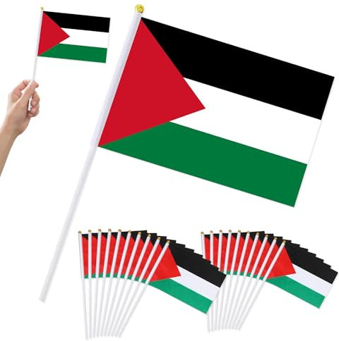20 Stück Palästina Flagge Klein, 14×21 cm Palestine Flag Small, Palästinensische Handheld Mini-Flagge mit Stange, Vivid Color Waving Flags for Indoor Outdoor Decoration