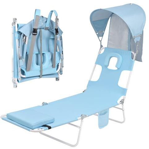 Backpack Beach Tanning Chair with Canopy and Face Hole, 6-Position Folding Lay Out Lounge Chair, UPF 50+ Wind-Resistant Sun Shade, Portable Recliner for Sunbathing, Outside, Poolside, Lawn, Patented
