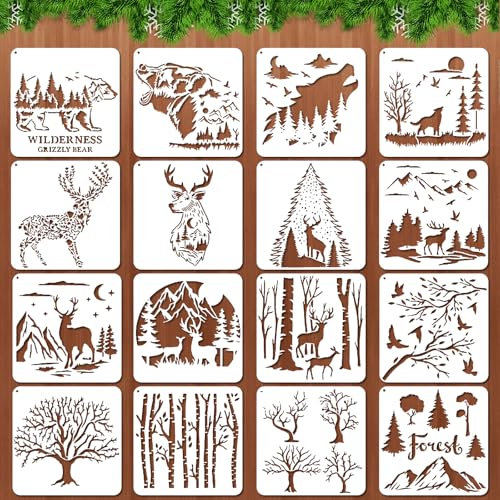 parallelower 16 Stück Schablonen Textilgestaltung Zeichenschablone Tiere Reh Wolf Bär Wald Schablone Tiere Schablonen Zum Malen Wiederverwendbare für DIY Handwerk Scrapbooking Malzubehör (20x20cm)