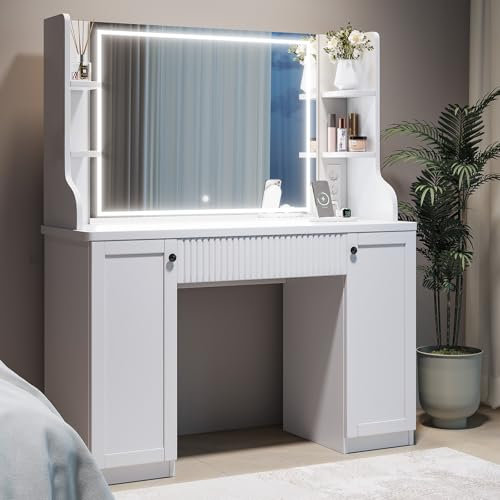 Dripex Schminktisch mit Beleuchtung, moderner Schminktisch mit Spiegel, Dressing Table mit Steckdosenleiste, 3 Farben mit Einstellbarer Helligkeit, Vanity Desk für Make Up Dressing, 110cm, weiß