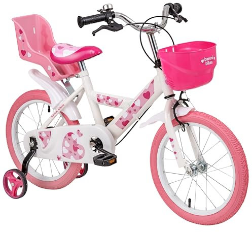 Baroni Toys Fahrrad für Mädchen, rosa mit Herzchen Sile Design mit Gepäckträger und Rädern inklusive, Stahlfahrrad mit Korb für Mädchen, rosa, Herzchen, Größe 12'', 14'' und 16“ (16 Zoll)