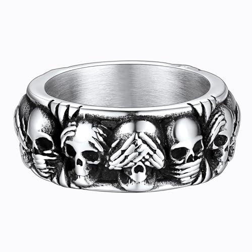 FaithHeart Ring für Herren, Edelstahl Totenkopf Fingerring, Punk Gothic Skull Skelett Ring Größe 54, Vintage Men Rings für Geburtstag Halloween