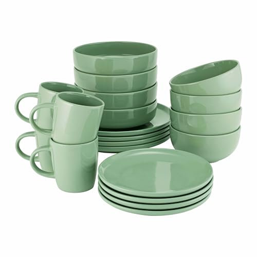ProCook Stockholm Green Dinner Set Stoneware Scandinavian Style Flat Base Dishwasher, Microwave & Oven Safe Dinnerware 20 Piece, 9.5/15/20/22/27 cm