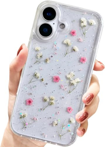 AMART for iPhone 16 Plus Case Flowers, Clear with Pressed Dried Flower Cute Glitter Design Women Girls Floral Aesthetic Soft TPU Phone Cover for iPhone 16 Plus (6.9 inch)