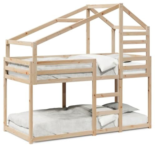 Willood Bettgestell, Etagenbettgestell, Etagenbett mit Dach, Massivholzbettgestell, geeignet für Zwei, Etagenbettgestell mit Schienen, ohne Matratze,Braun,75 x 190 cm