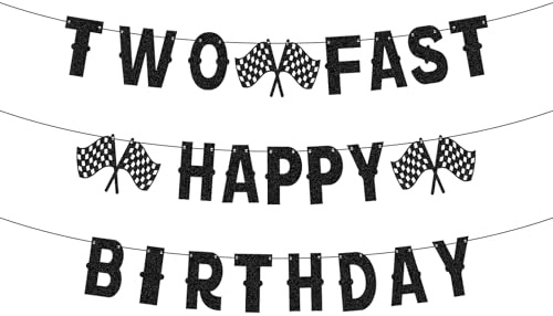 Rennauto Geburtstagsbanner, Two Fast Happy Birthday Banner, Schwarzweiß Karierte Flagge Banner Vorgespannt, für Rennauto-Thema Geburtstag Party Dekorationen Zubehör Hintergrund