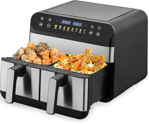 EVGTTI 9L Dual Air Fryer with Large Double Air Frying Drawers & 8-in-1 Smart Programmes - Air Fry, Bake, Roast, Grill, Dehydrate, Reheat, Sync & Match Function, Digital LED Touch Display, 1800W