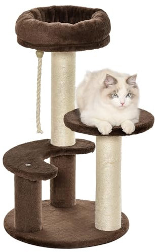PawHut Albero Tiragraffi per Gatti a 3 Livelli con Piattaforme, Lettino e Pali in Sisal, Torre per Gatti con Rivestimento in Peluche, Ø40x65 cm, Marrone