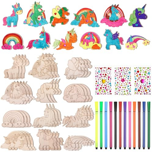 Kaisibum 36 Stück Einhorn Holz Bastelset Kinder Bastelset Kindergeburtstag | Holz Einhörner zum Bemalen mit Aquarellstift und Edelsteinaufkleber für Jungen Mädchen