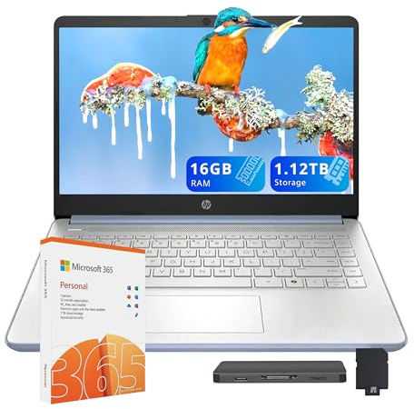 HP Stream 14 HD Laptop, Intel Processor N150, 16GB RAM, 1.16TB Storage (128GB UFS+1.03TB Docking Station Set), Intel Graphics, Webcam, Wi-Fi 6, 1 anno Office 365, Copilot, Fast Charge, Win 11, Blu