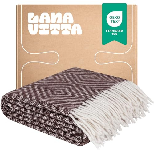Lanavitta – Halb-Wolldecke „Romb“ – Kuschelige Tagesdecke & Plaid – Sofadecke, Couchdecke & Bettüberwurf aus 20% Wolle & 80% Polyester – Dunkelbraun – 140x200 cm