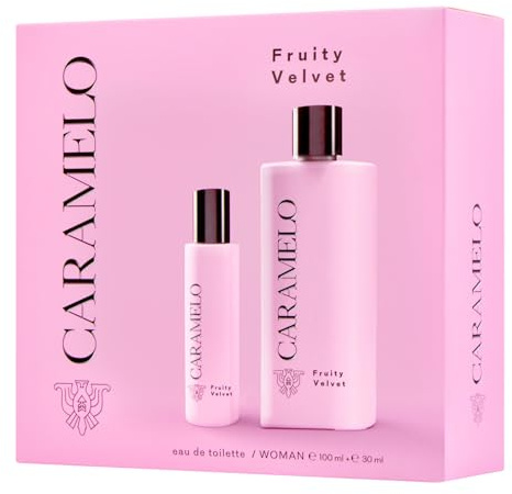 CARAMELO - Fruity Velvet Estuche Regalo 100 + 30 ml, Colonia Mujer, Pack 2, Perfume Formato Spray, Eau de Toilette Natural y Femenina, Aroma Frutal Floral Ambarado, Fragancia Fresca, Elegante