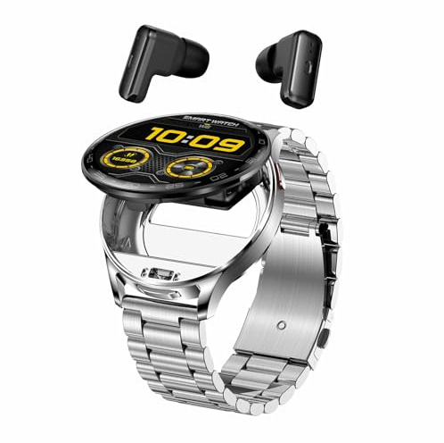Orologio da uomo da 1,39 pollici, con auricolari wireless Bluetooth TWS integrato Bluetooth senza fili integrato con cuffie sportive da uomo Smartwatch cinturino in silicone, Argento in acciaio