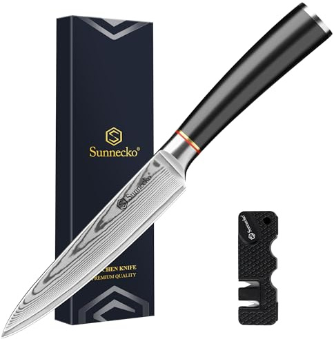 Sunnecko Damast Allzweckmesser 13CM, Rostfrei Damastmesser | klein Kochmesser für Fleisch & Gemüse, Vielseitig Küchenmesser mit Ergonomischem Griff, Scharfes Messer Chefmesser