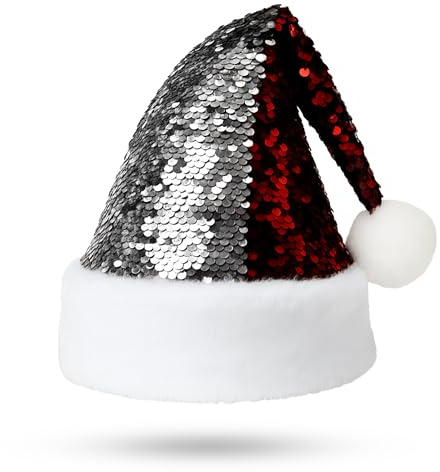 Navoys Reversible Christmas Sequin Santa Hat – Red & Silver Flip Sequin Festive Hat with White Plush Trim and Pom Pom, Xmas Party Accessory for Adults