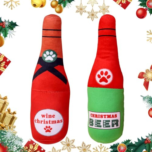 LAIBUY 2 Pack Christmas Soft Squeaky Dog Fun Bottle Shape Chew Interactive Toy Durable Dog Chew Toys Interesting Xmas Cotton Squeaker Puppy for Small and Medium pet